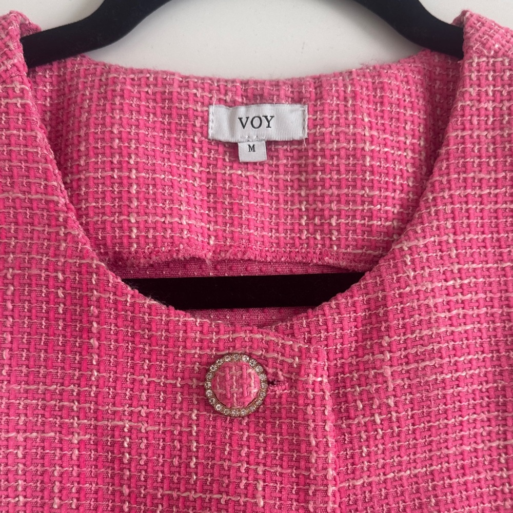 Voy Pink Tweed Button-Down Mini Dress with Pockets Women Size Medium - Picture 3 of 7